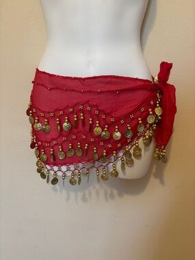 Zumba Fitness Red Mini Hip Scarf with Gold Coins